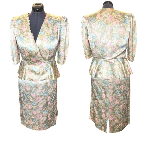 Vintage 1980s Risa Ann Floral Peplum Jacket & Skirt Set With Lace Trim Pastel Co - Picture 1 of 10